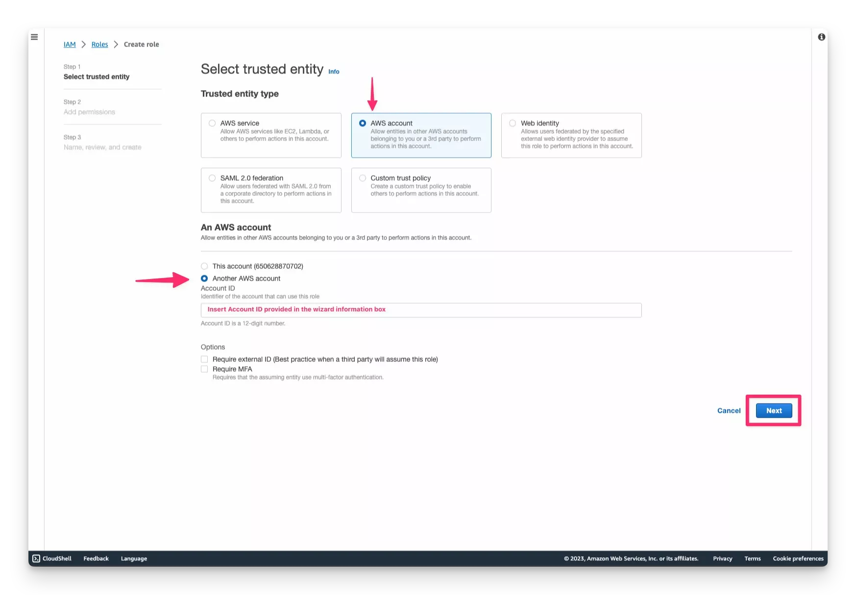 A view of the IAM Role creation screen