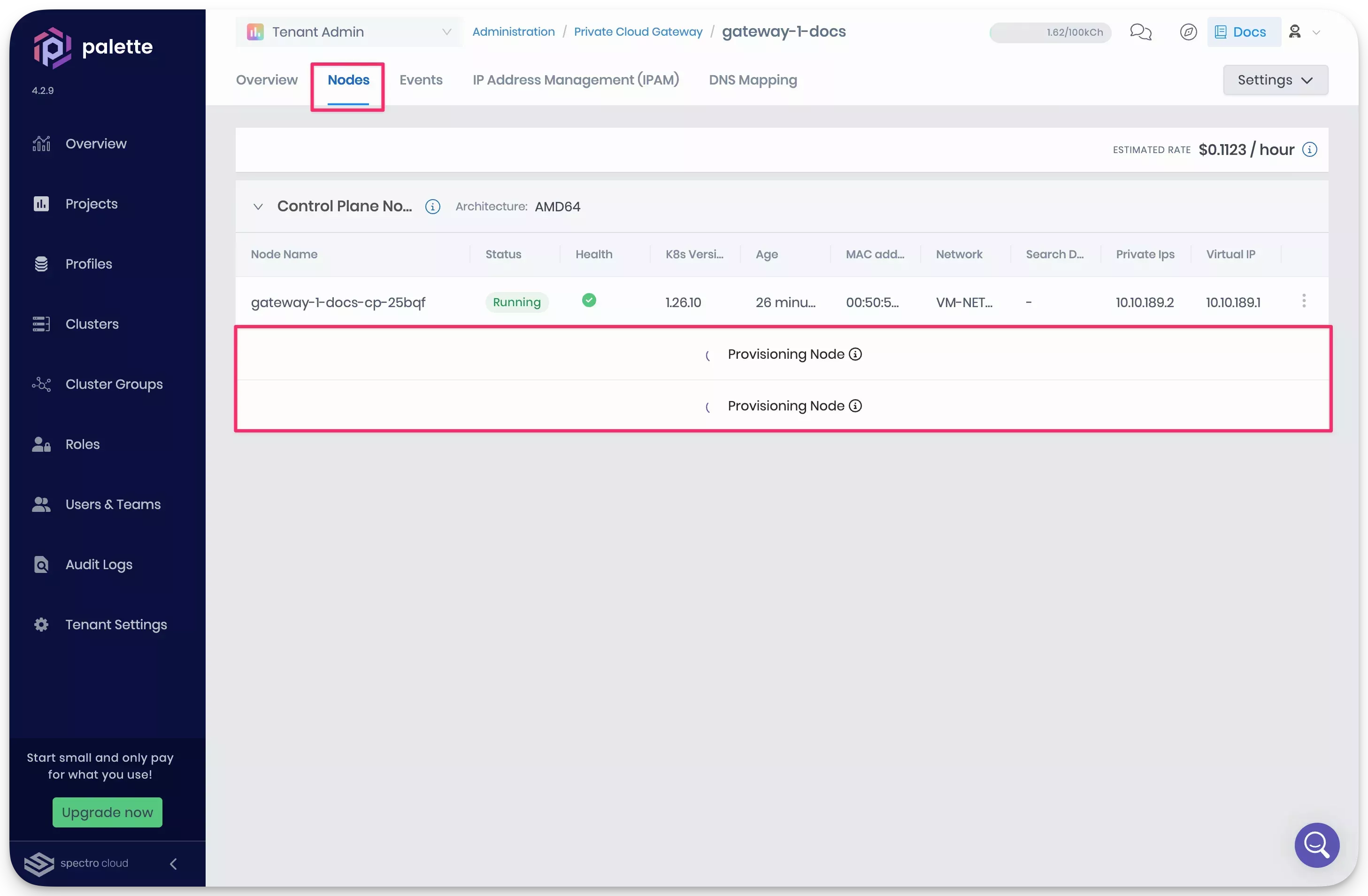 View of the nodes page with two nodes in the deployment process